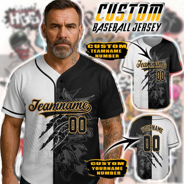 Custom Half-Black Half-White Graffiti Baseball Jersey – Streetwear Vibes with Old Gold Trim