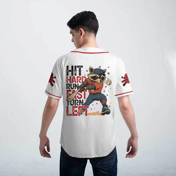 Hit Hard Run Fast Turn Left - Racoon Player - Custom Baseball Jersey - Custom name, number - Baseball Lover