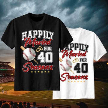 Happily Married For Many Seasons - Black White Baseball Couple T-Shirt