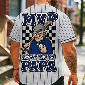 MVP Means Most Valuable Papa - Custom Grey with Navy Stripes Baseball Jersey