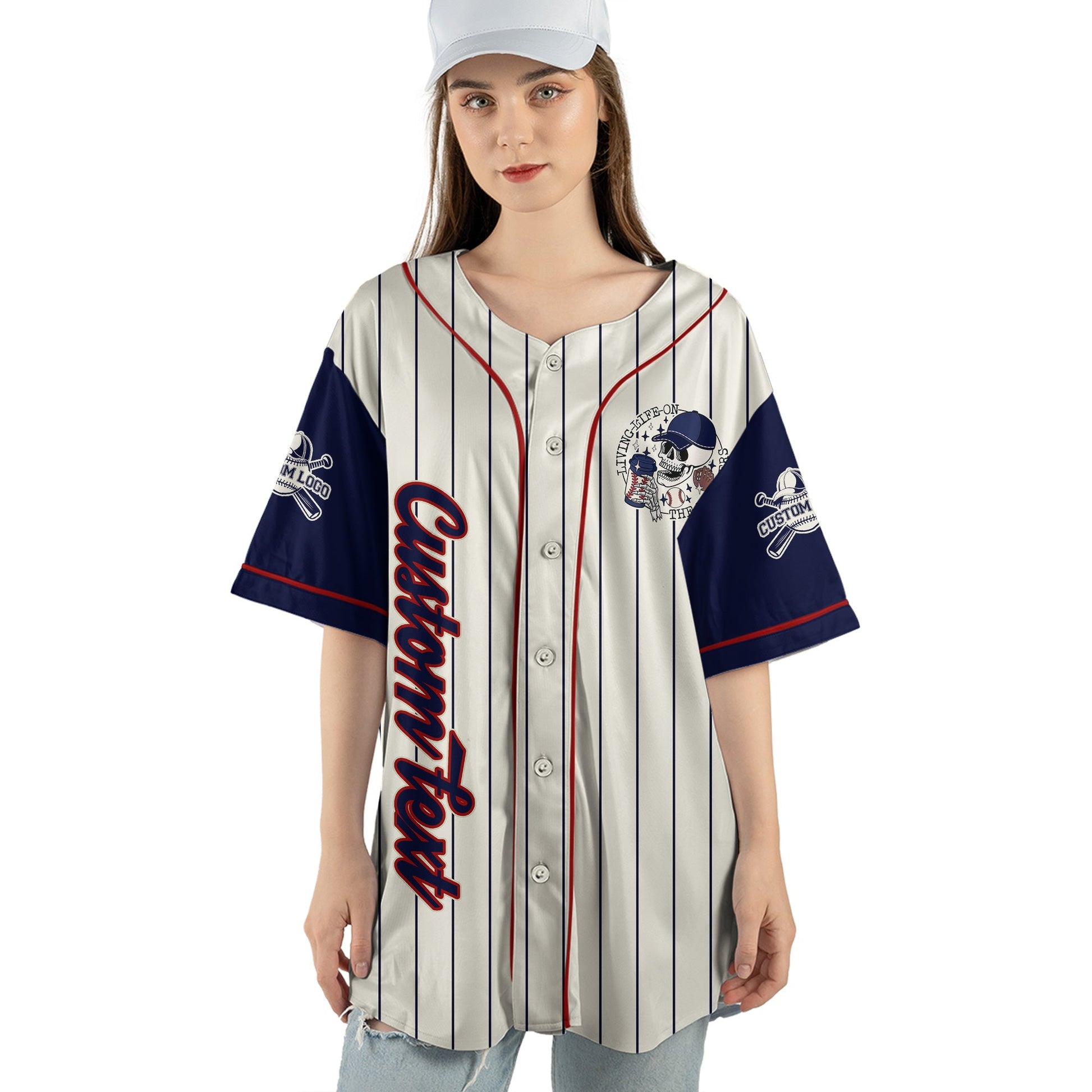 Living Life on the Blechers  - Custom Baseball Jersey - Custom name, number - Baseball Lover -  Cream Navy Pinstripe