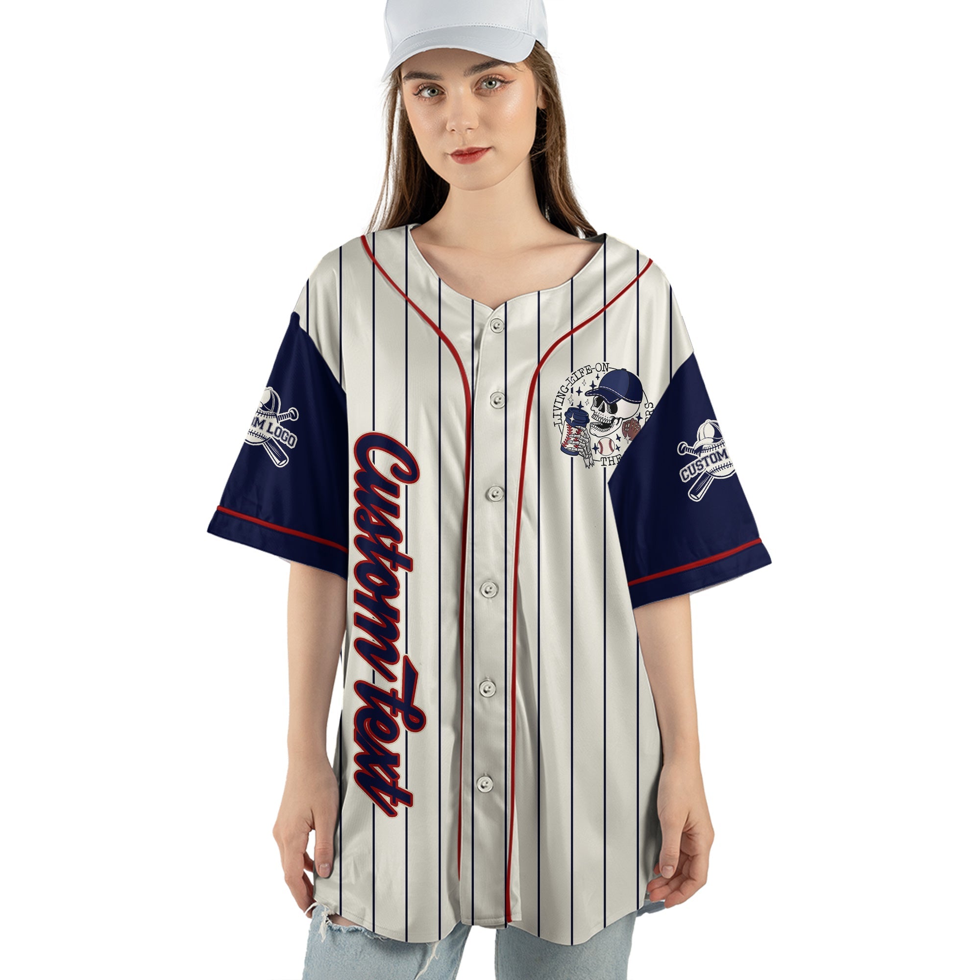 Living Life on the Blechers  - Custom Baseball Jersey - Custom name, number - Baseball Lover -  Cream Navy Pinstripe