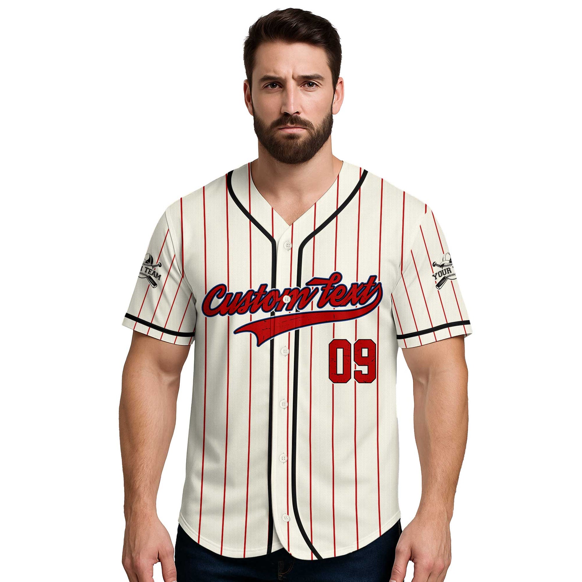 Whatever You Say Blue - Custom Cream with Red Stripes Baseball Jersey