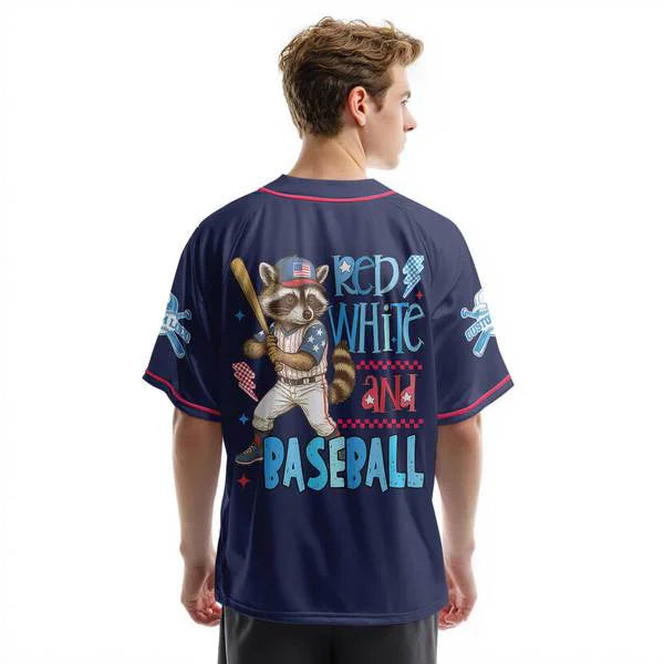 Red White, and Baseball - Racoon Baseball Player Navy - Personalized USA Baseball Jersey, Custom 4th of July Independence Day Patriotic