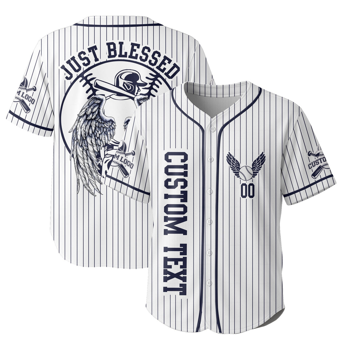 Custom White Navy Pinstripes Baseball Jersey - Just Blessed