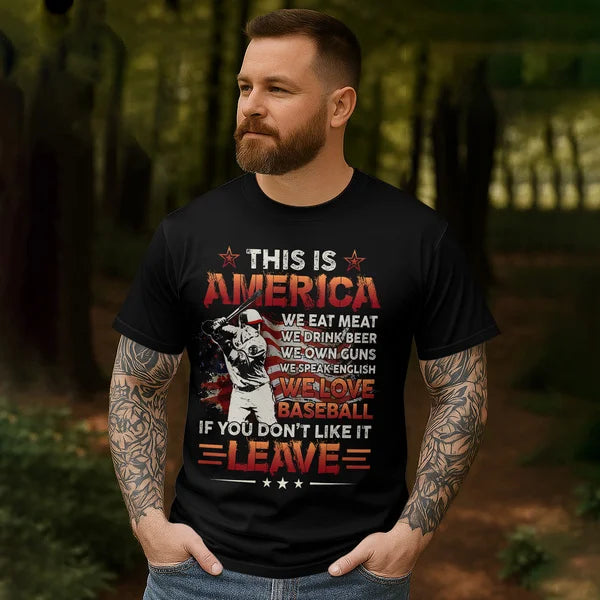 This is America — we eat meat and drink beer  We Love Baseball Shirt, Shirts for Men, Baseball Shirt Lovers
