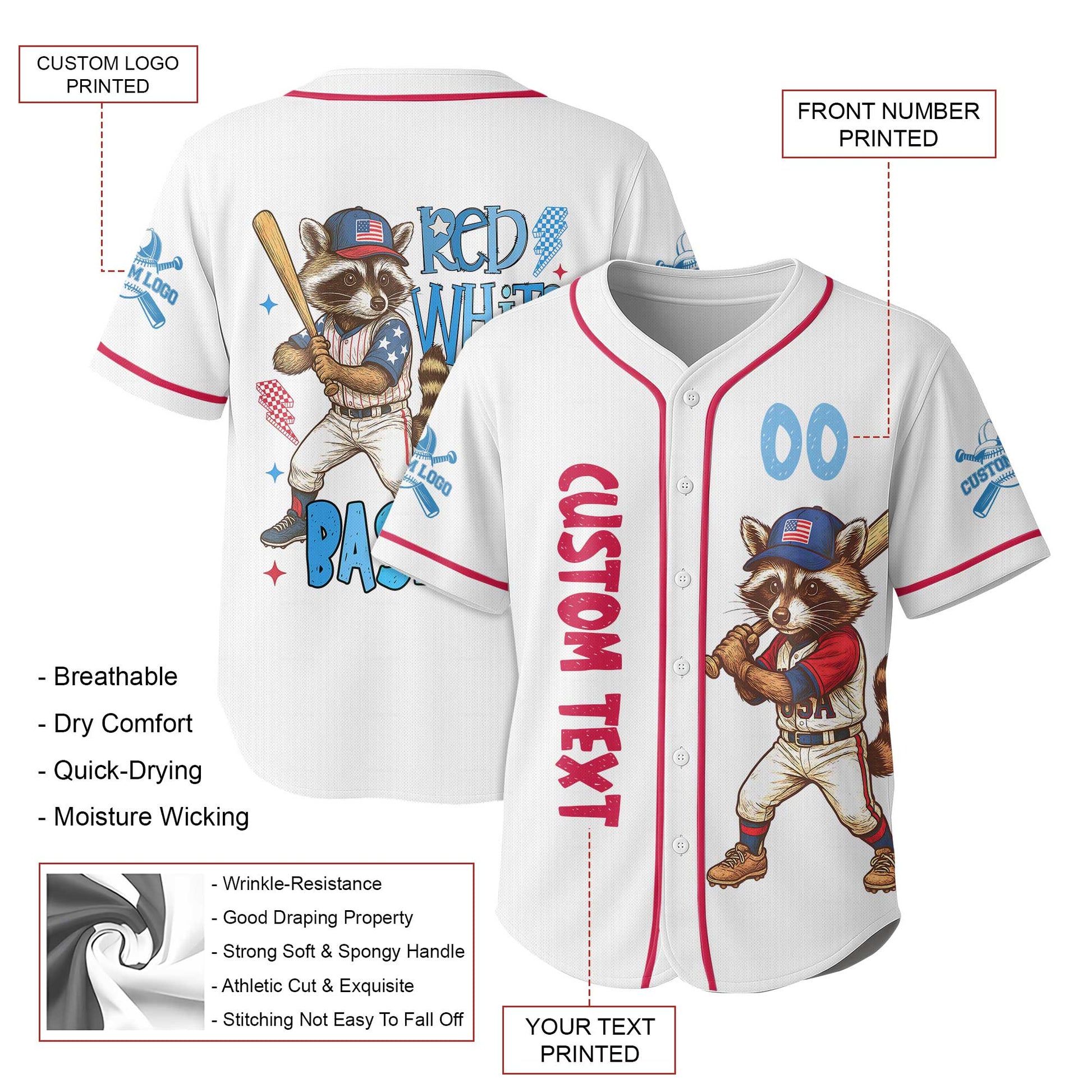 Red White, and Baseball - Racoon Baseball Player White Jersey - Personalized USA Baseball Jersey, Custom 4th of July Independence Day Patriotic