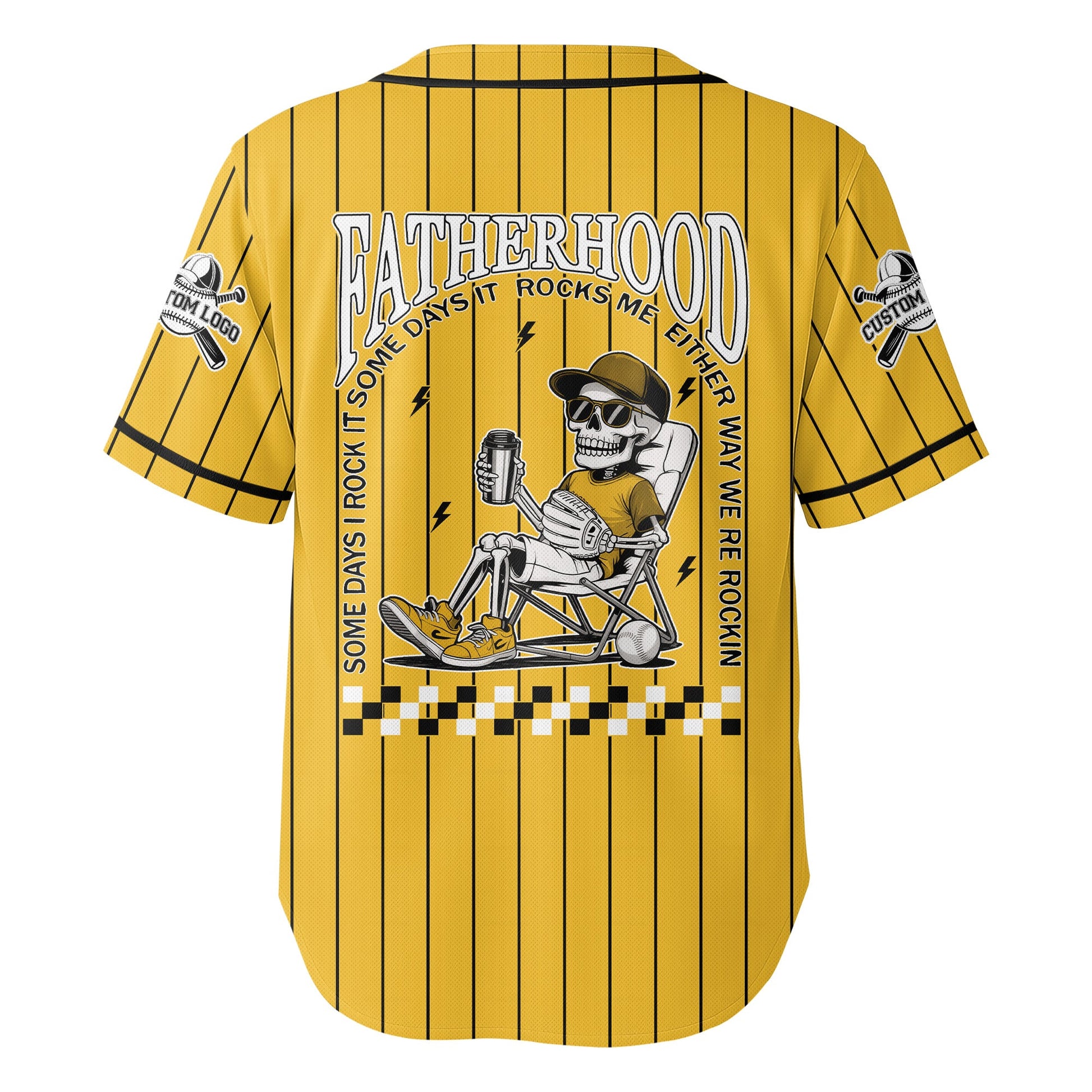 FATHERHOOD - Some Days I Rock It, Some Days It Rocks Me, Either Way We're Rockin - Custom Yellow and Black Striped Baseball Jersey