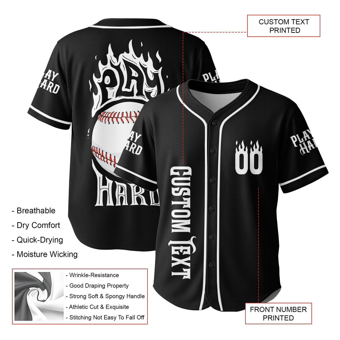 Play Hard Baseball - Custom Black and White Baseball Jersey