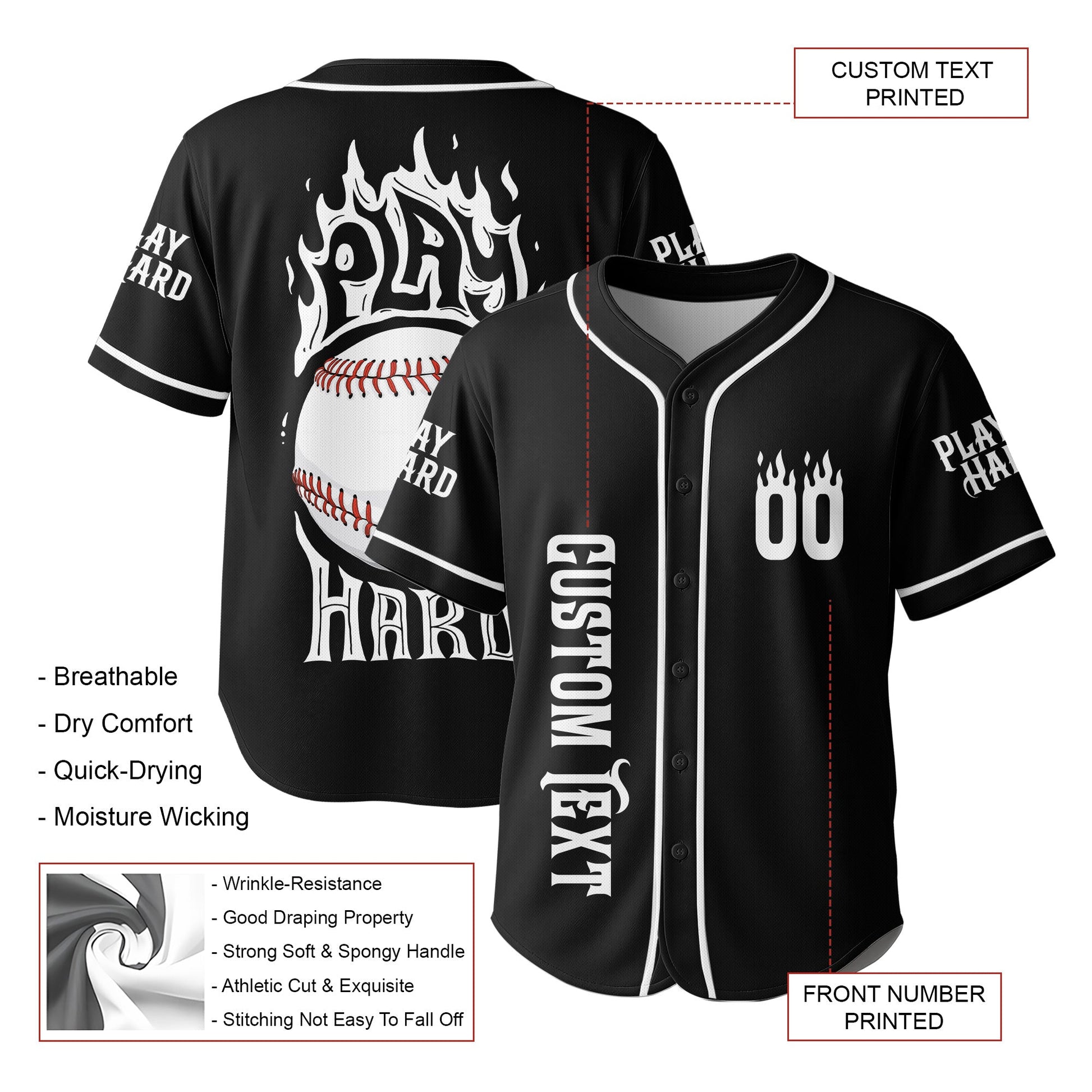 Play Hard Baseball - Custom Black and White Baseball Jersey