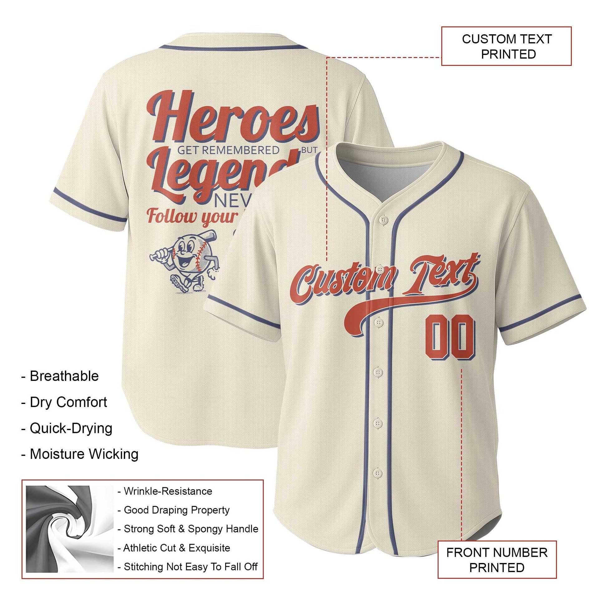 Heroes Get Remembered But Legends Never Die - Custom Cream Baseball Jersey