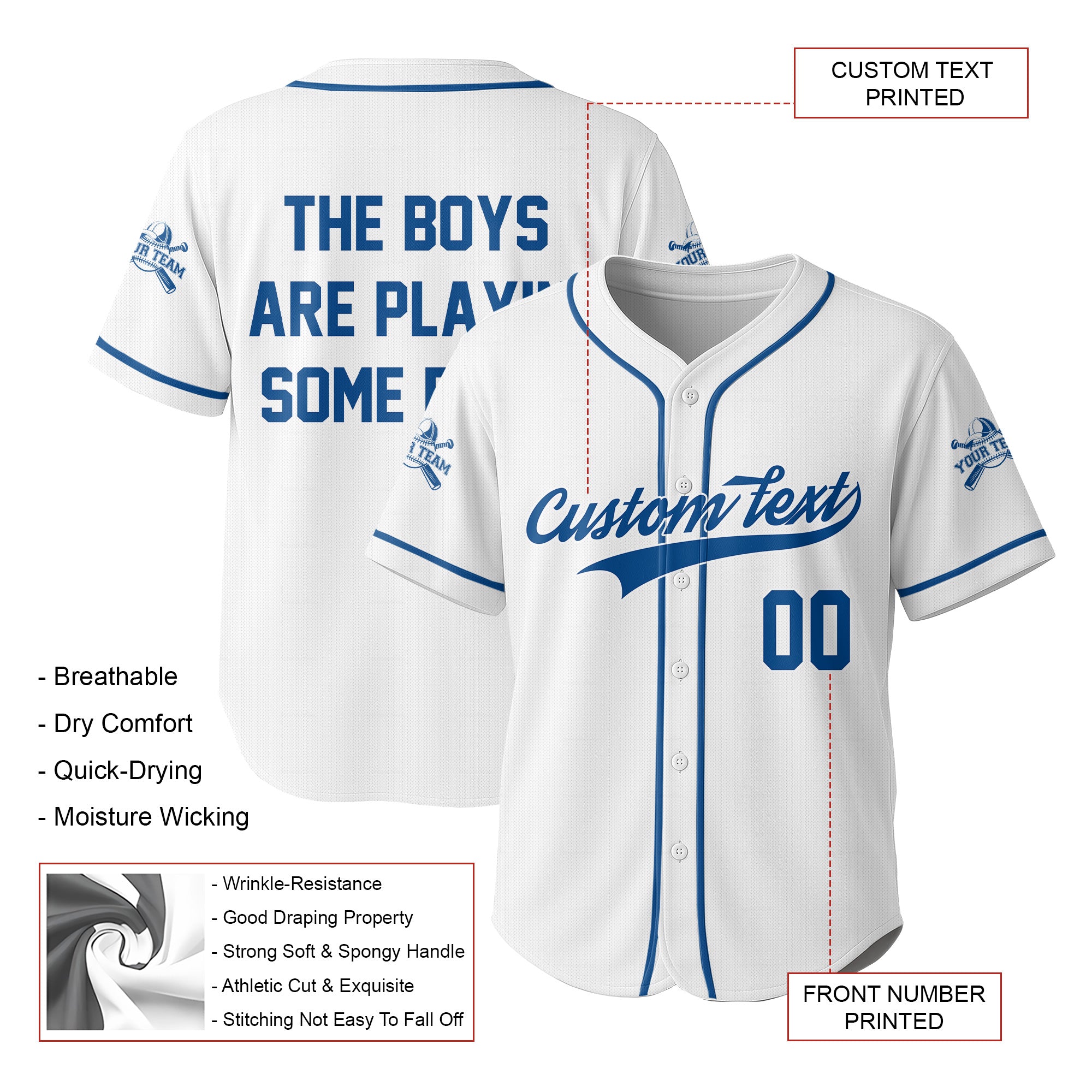 The Boys Are Playing - Custom White and Blue Baseball Jersey