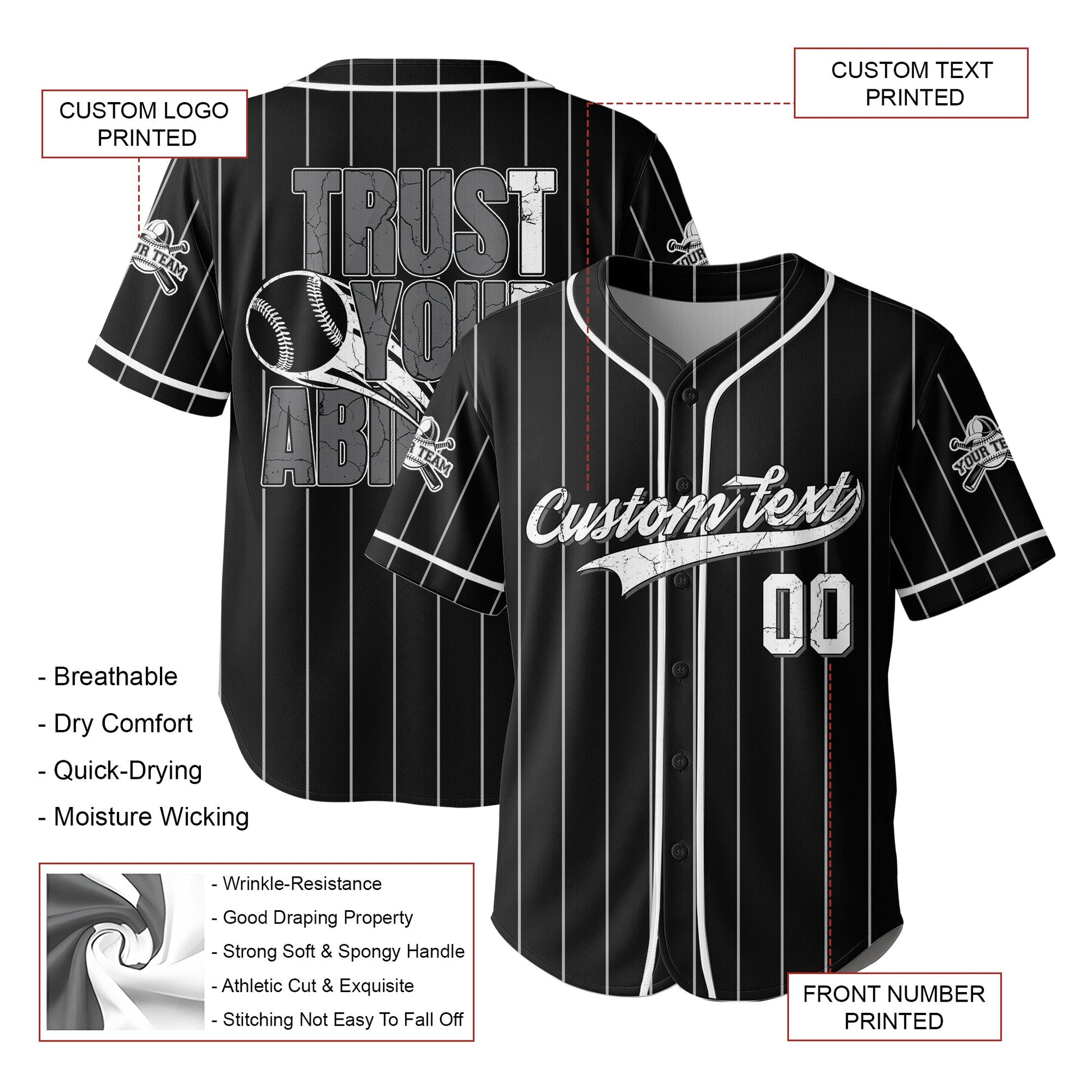 Trust Your Ability - Custom Black and White Stripes Baseball Jersey