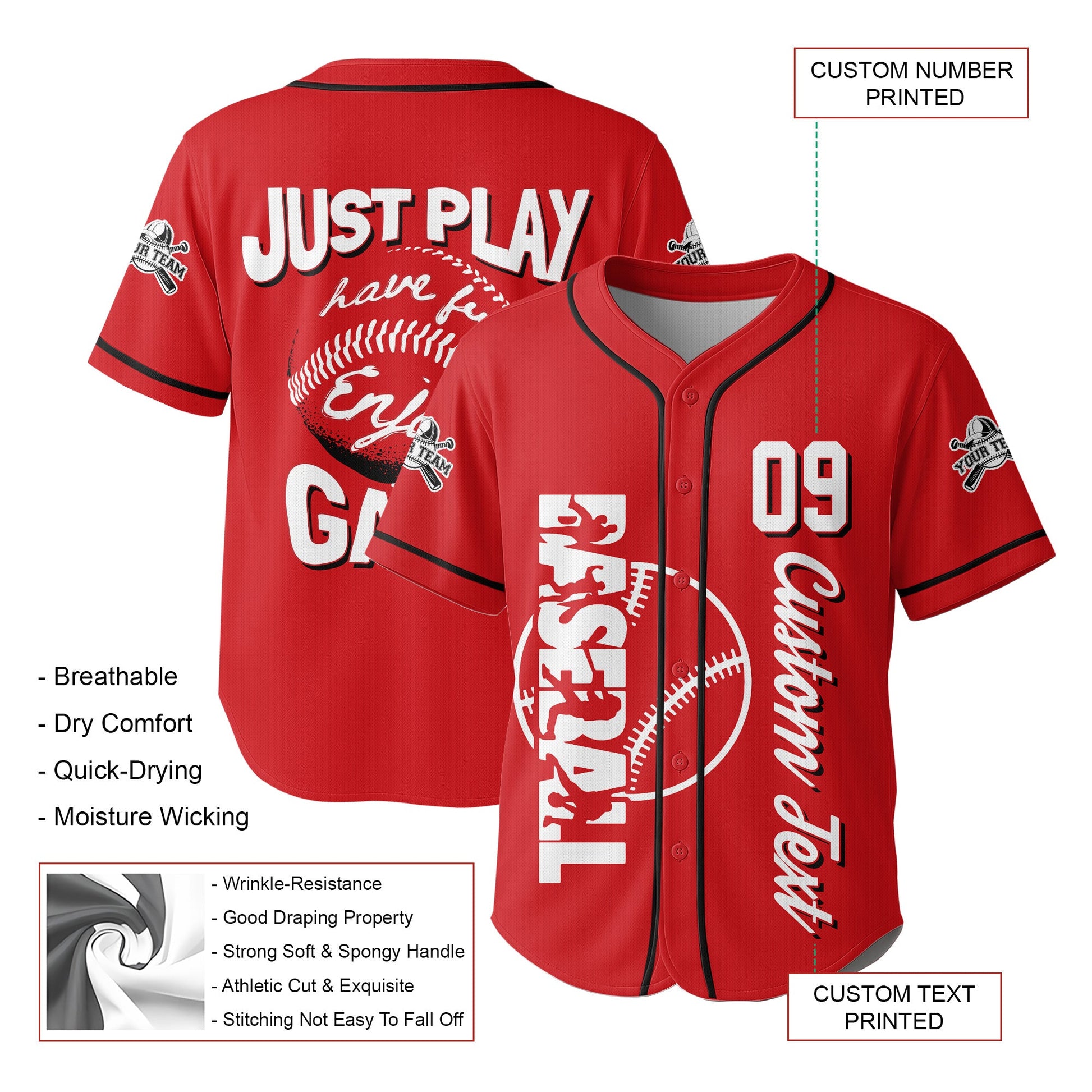 Just Have Fun And Enjoy The Game - Custom Red Black Baseball Jersey