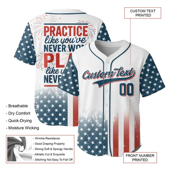 Practice like you've never won play like you've never lost - Men's American Flag Baseball Jersey 4th - Custom Name Custom Number
