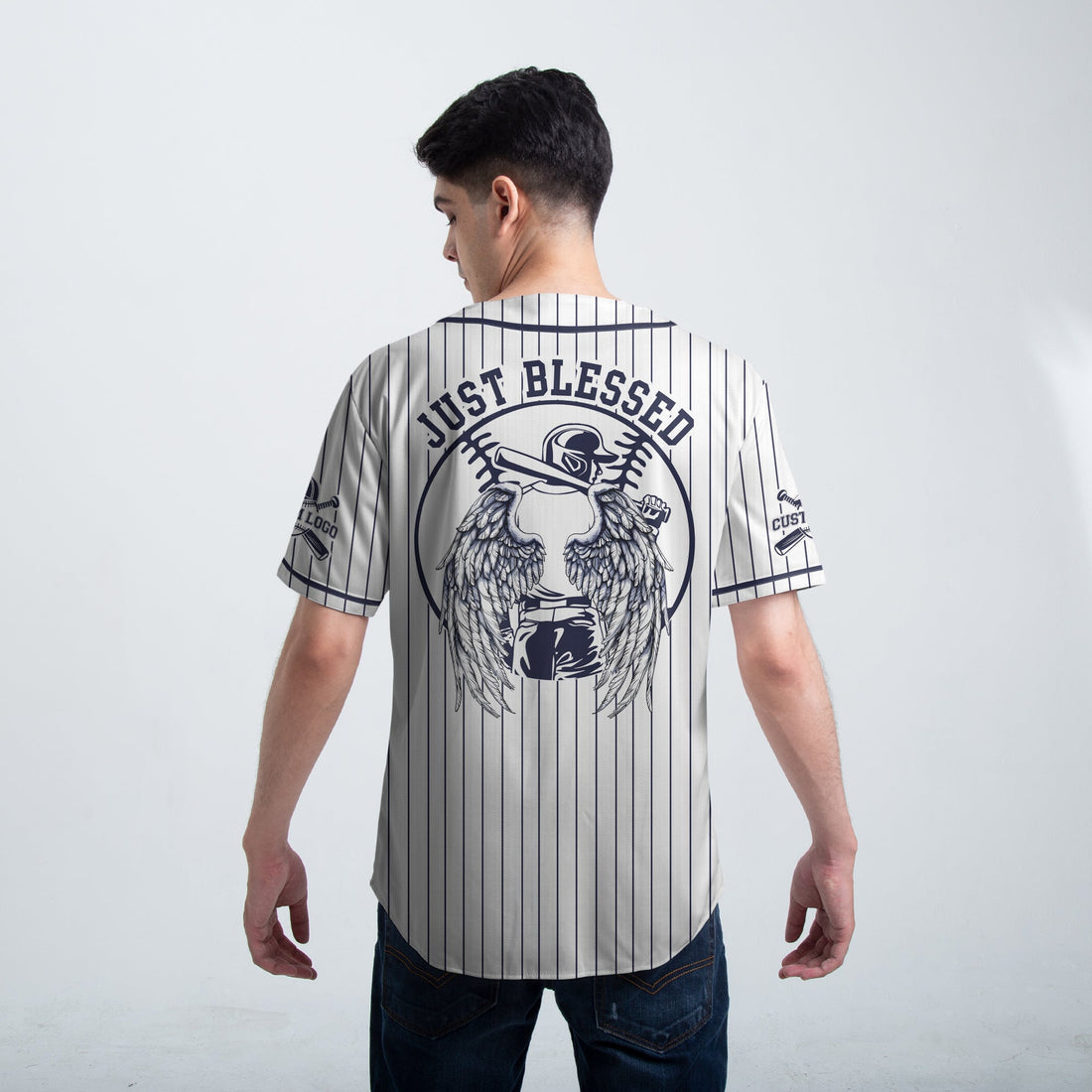 Custom White Navy Pinstripes Baseball Jersey - Just Blessed