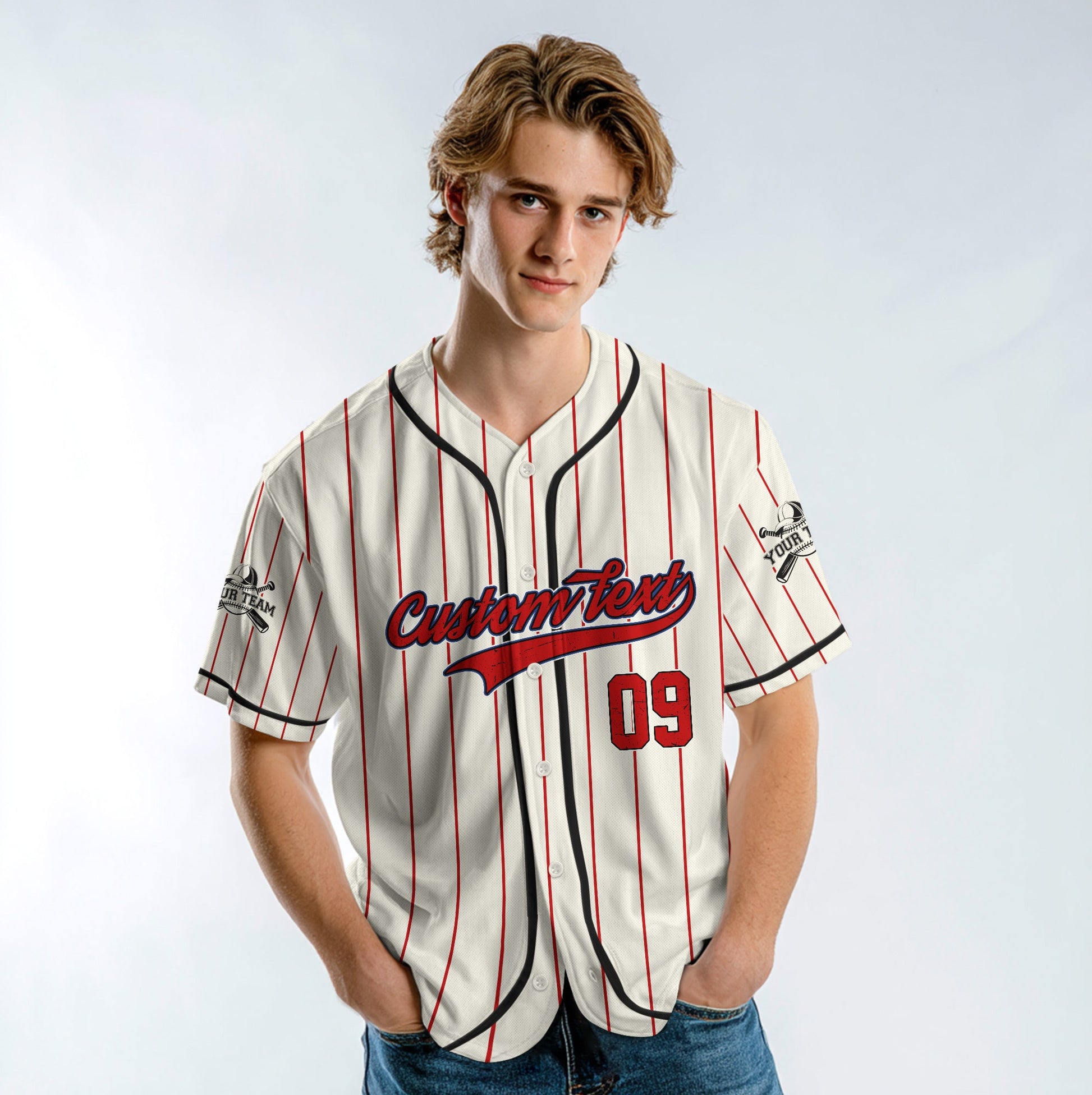 Whatever You Say Blue - Custom Cream with Red Stripes Baseball Jersey