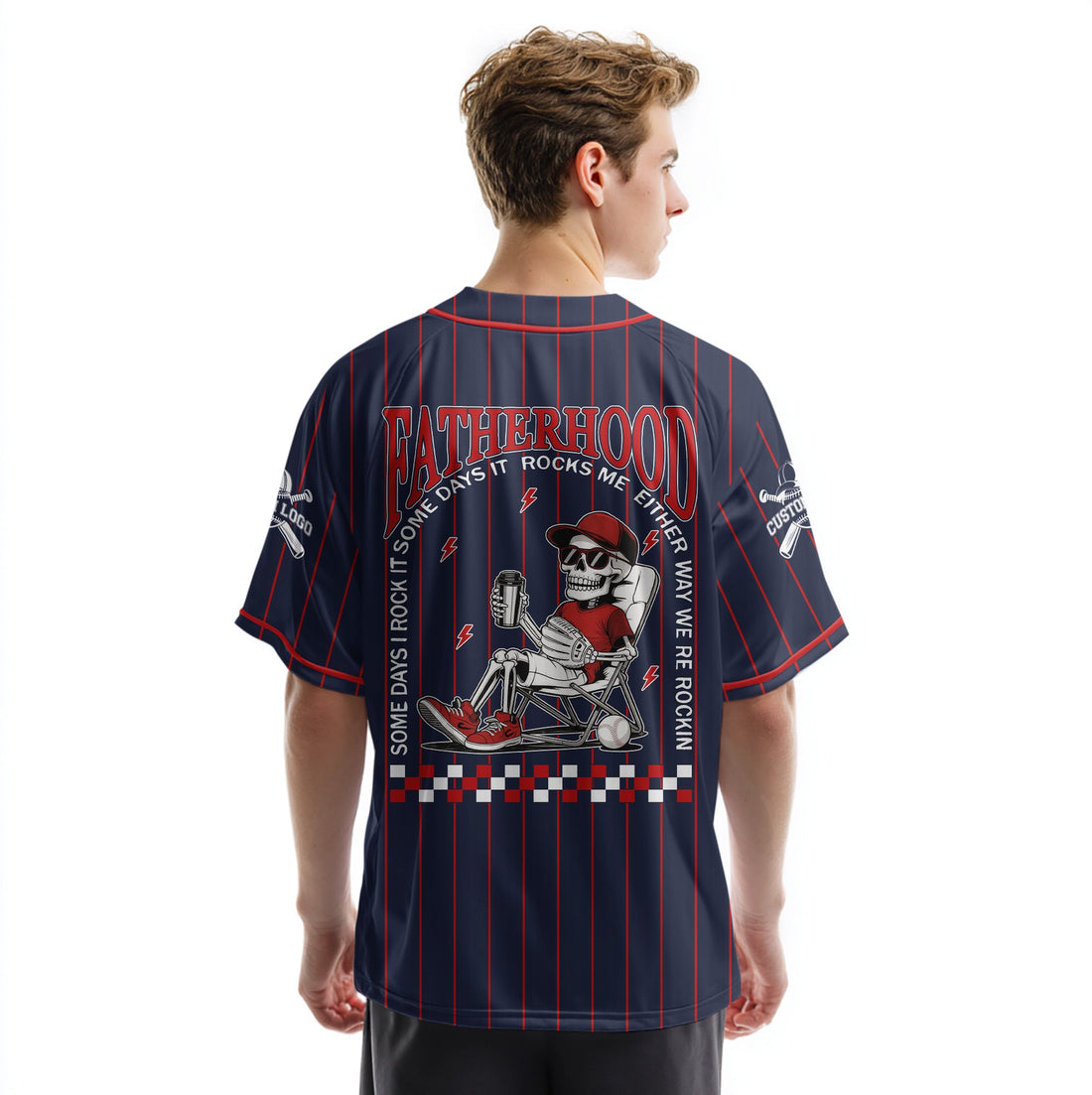FATHERHOOD - Some Days I Rock It, Some Days It Rocks Me, Either Way We're Rockin - Custom Navy Red Baseball Jersey