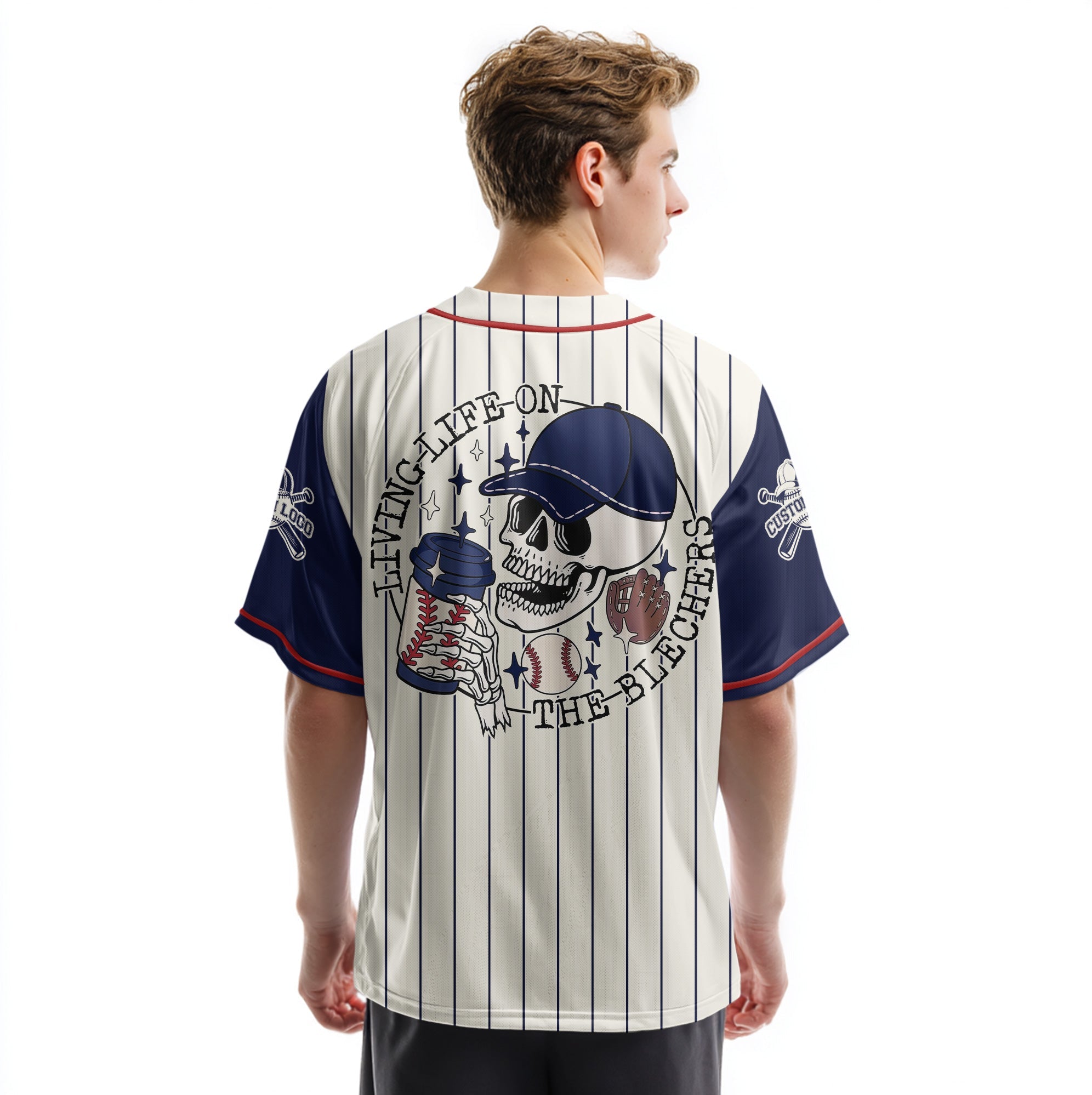 Living Life on the Blechers  - Custom Baseball Jersey - Custom name, number - Baseball Lover -  Cream Navy Pinstripe