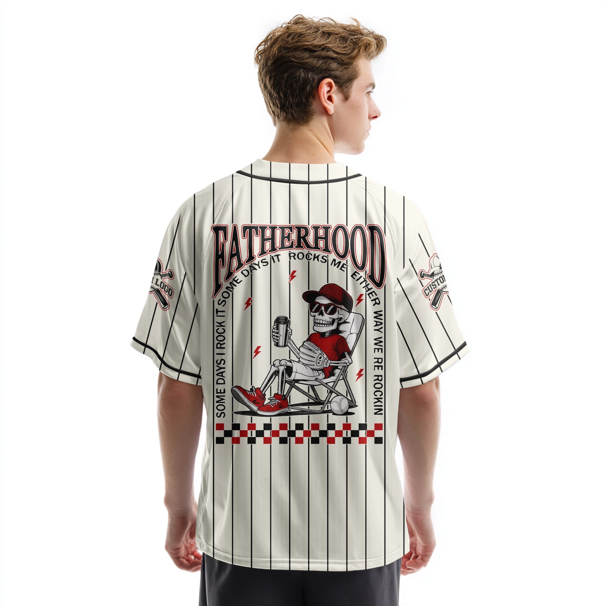 FATHERHOOD - Some Days I Rock It, Some Days It Rocks Me, Either Way We're Rockin - Custom Cream and Black Stripe Baseball Jersey
