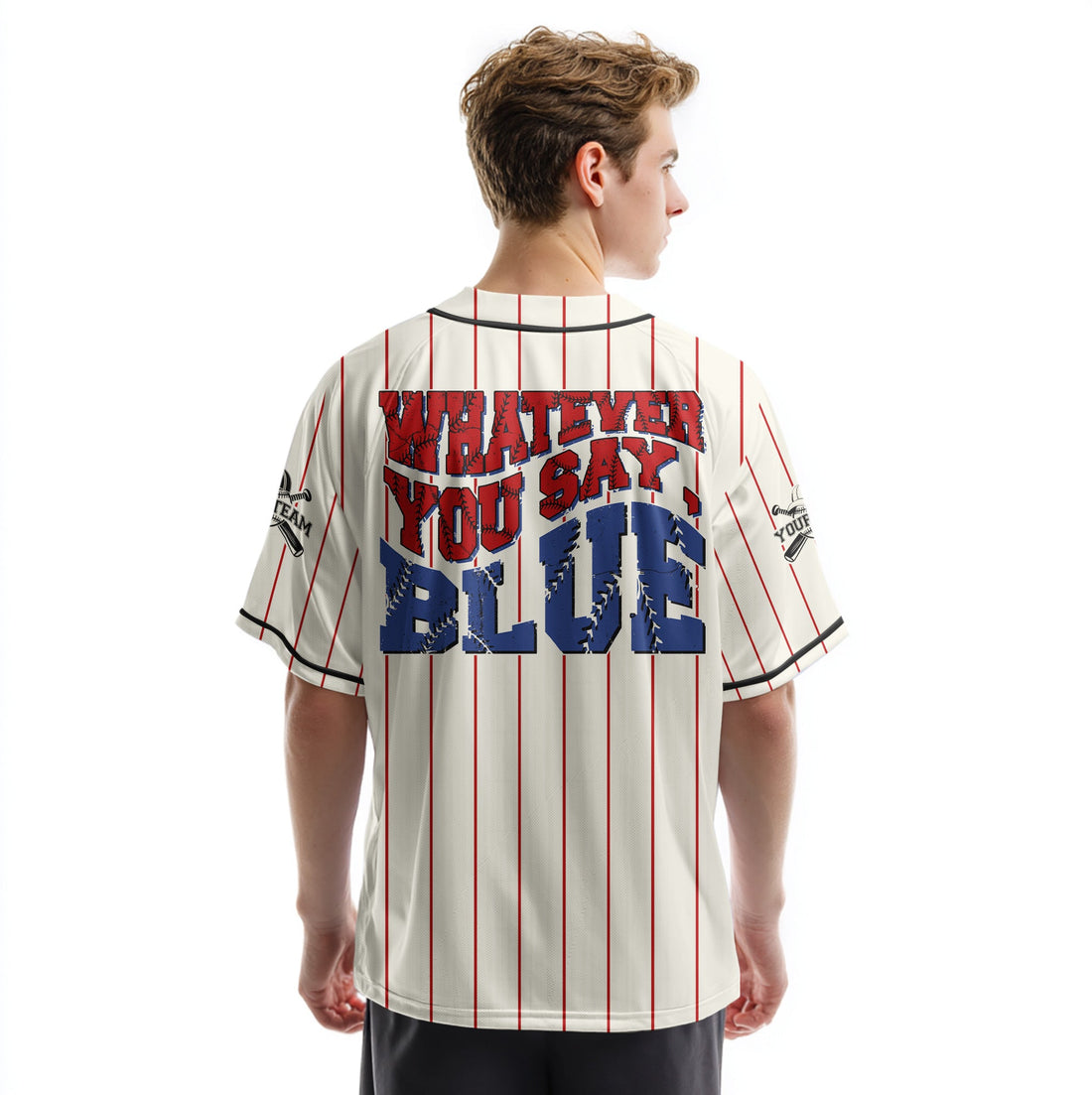 Whatever You Say Blue - Custom Cream with Red Stripes Baseball Jersey