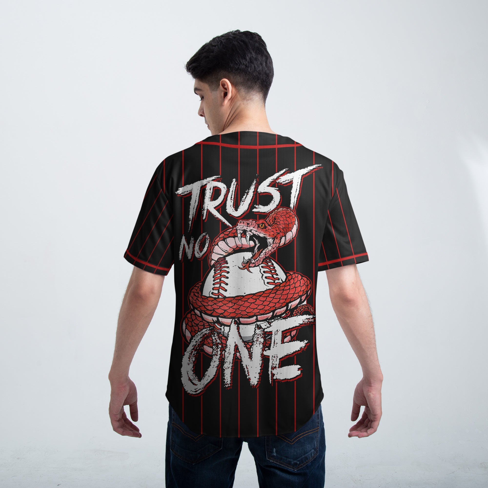 Trust No One - Custom Black Red Baseball Jersey