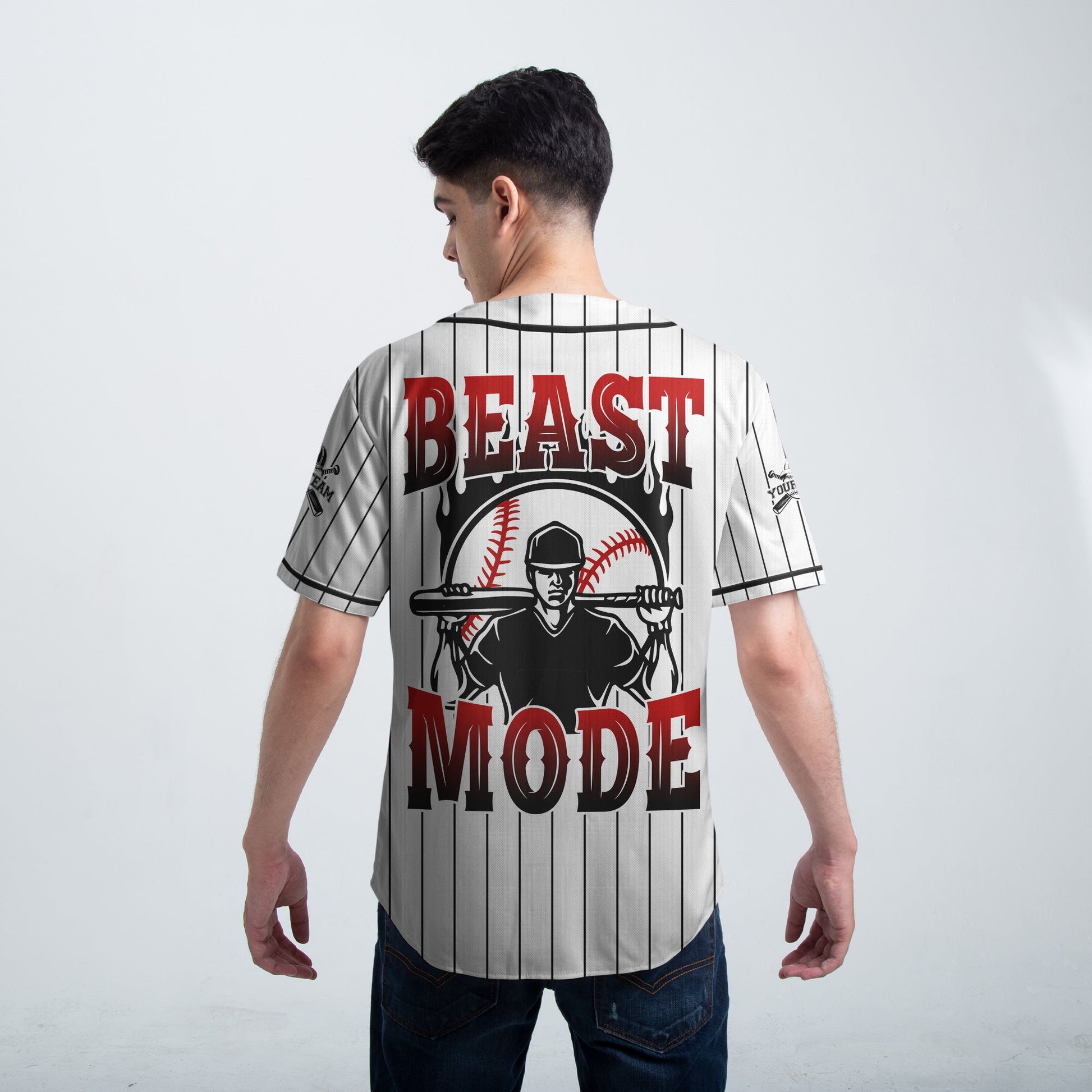 BEAST MODE - Custom White with Black Stripes Baseball Jersey