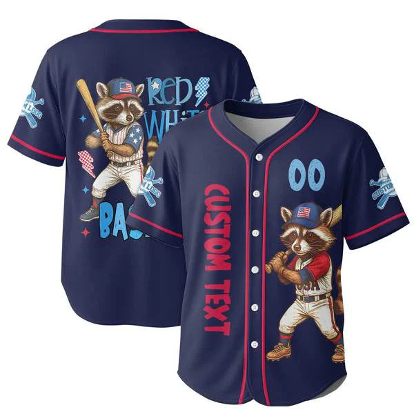 Red White, and Baseball - Racoon Baseball Player Navy - Personalized USA Baseball Jersey, Custom 4th of July Independence Day Patriotic