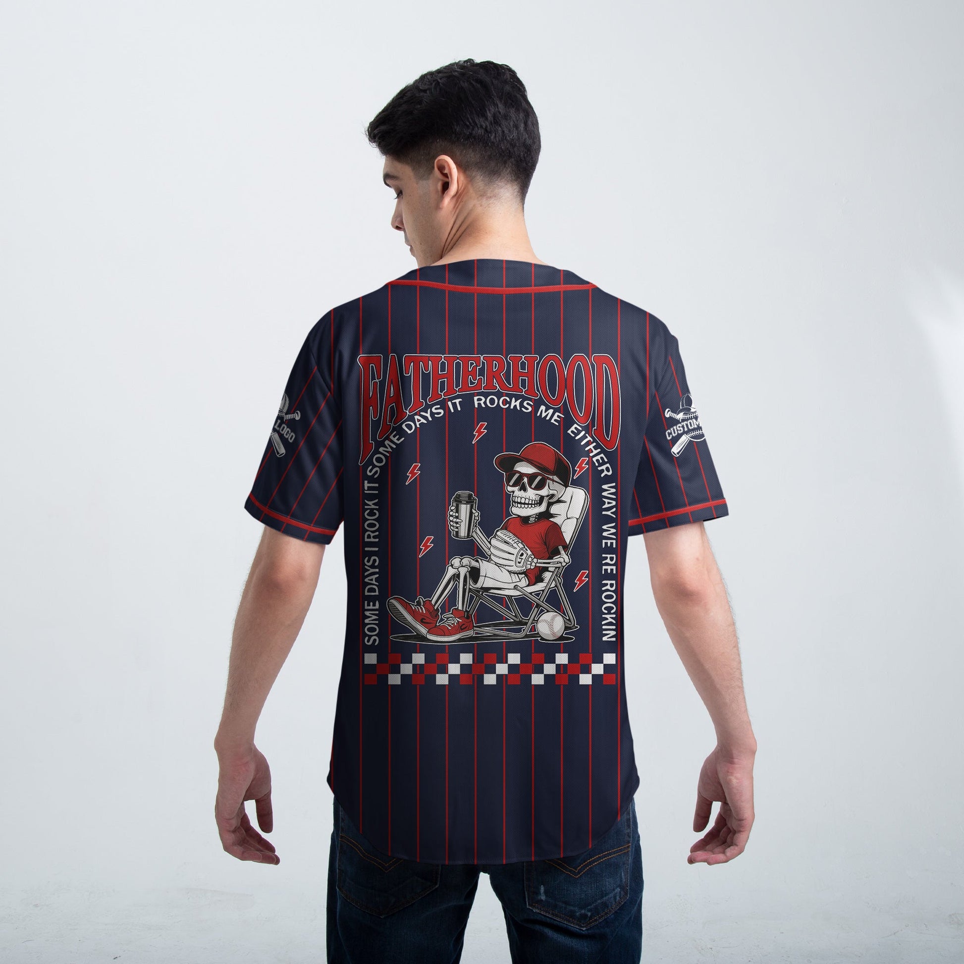 FATHERHOOD - Some Days I Rock It, Some Days It Rocks Me, Either Way We're Rockin - Custom Navy Red Baseball Jersey