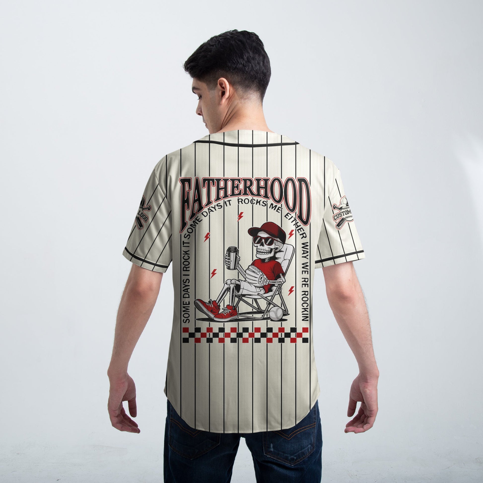 FATHERHOOD - Some Days I Rock It, Some Days It Rocks Me, Either Way We're Rockin - Custom Cream and Black Stripe Baseball Jersey