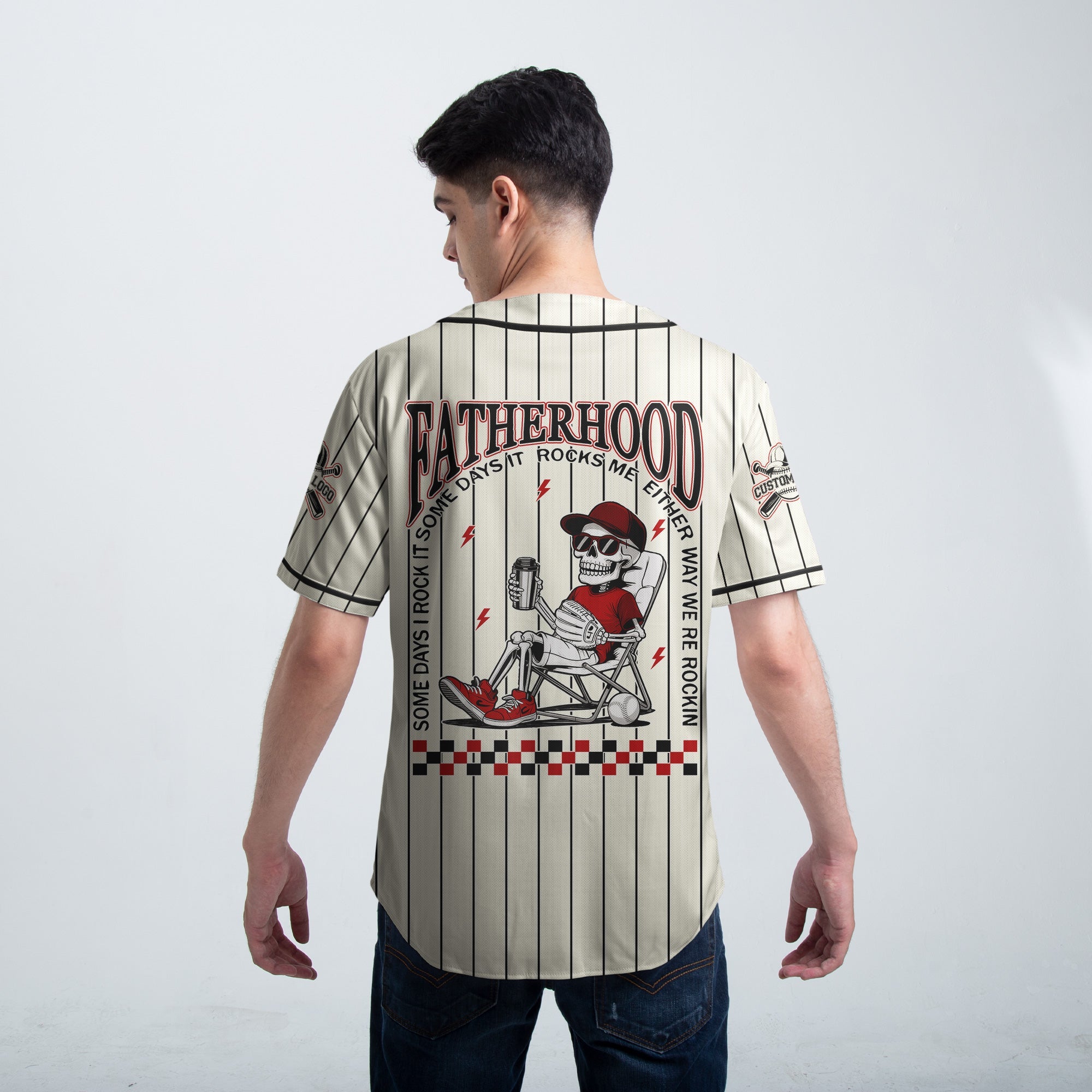 FATHERHOOD - Some Days I Rock It, Some Days It Rocks Me, Either Way We're Rockin - Custom Cream and Black Stripe Baseball Jersey