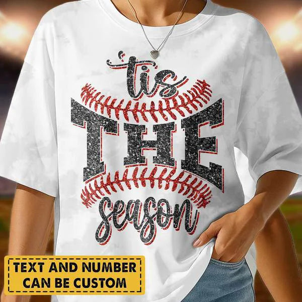 Custom Sports Game Day Comfort Shirt - Faux Glitter Tis The Season Baseball Shirt - Sports Team Mom Family Tee - All Over Print