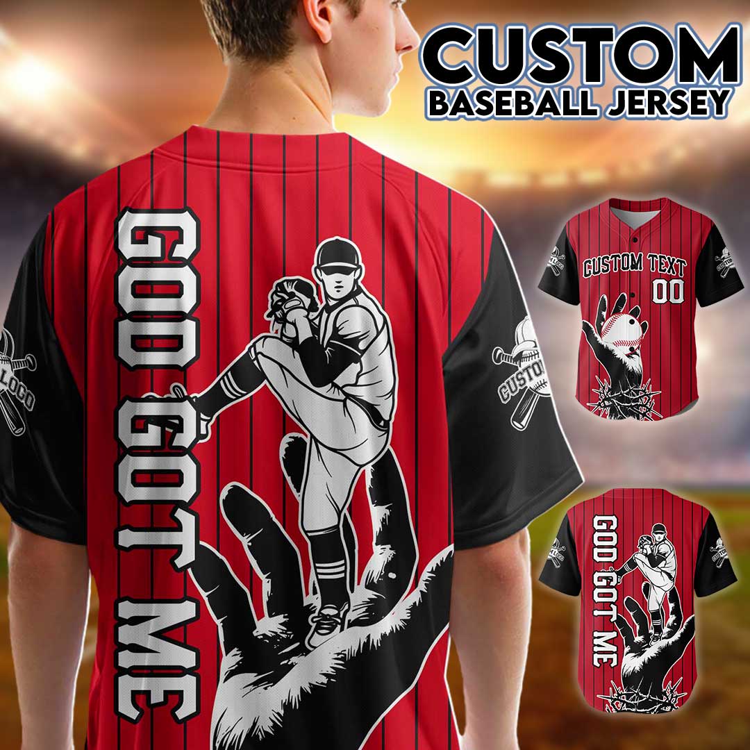 Custom Red and Black Pinstripes Baseball Jersey - God Got Me