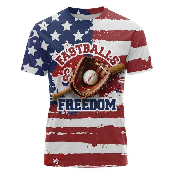 Fastballs & Freedom Baseball Shirts - American Flag -4th of July Shirt - All Over Print