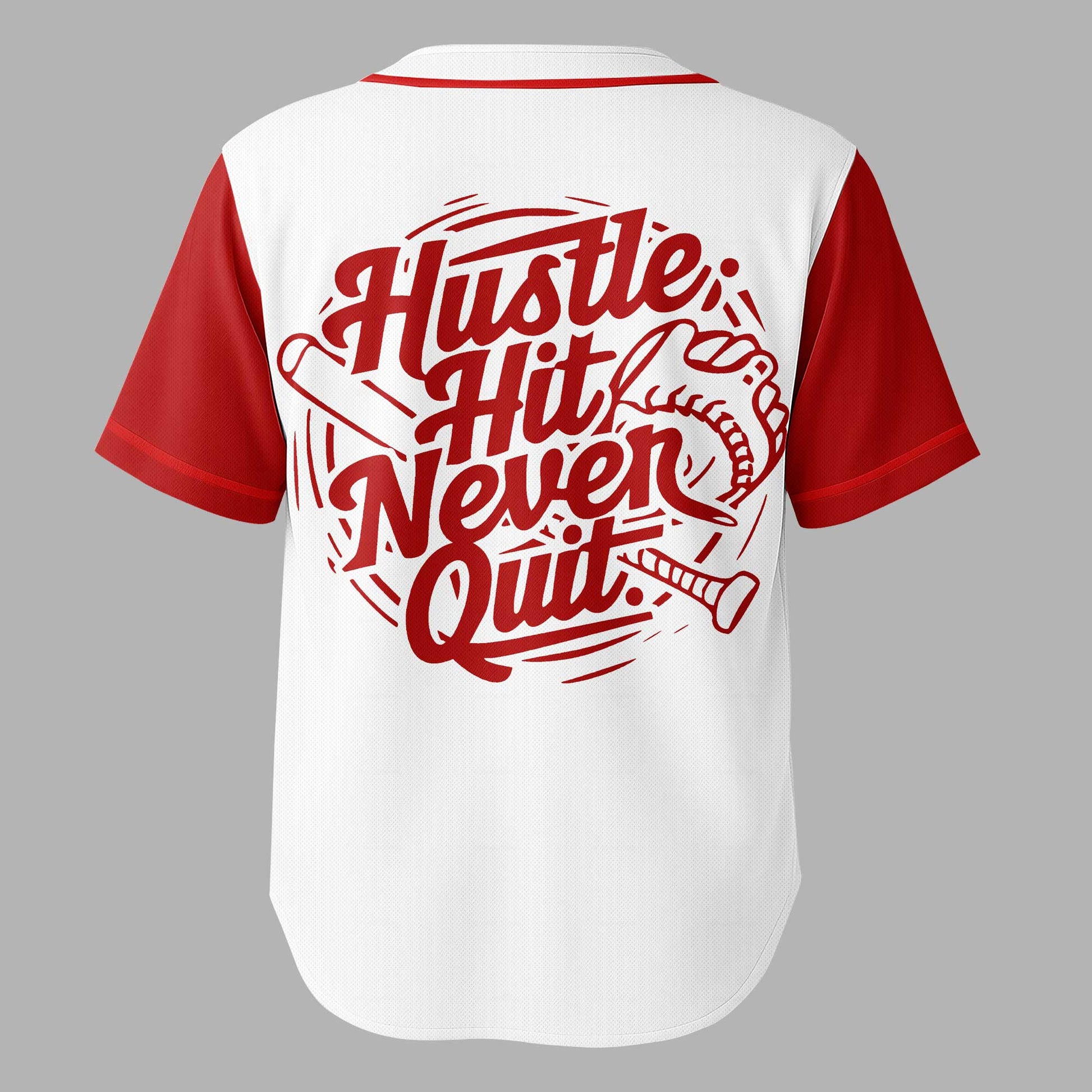 Hustle Hit Never Quit - Custom White and Red Raglan Baseball Jersey