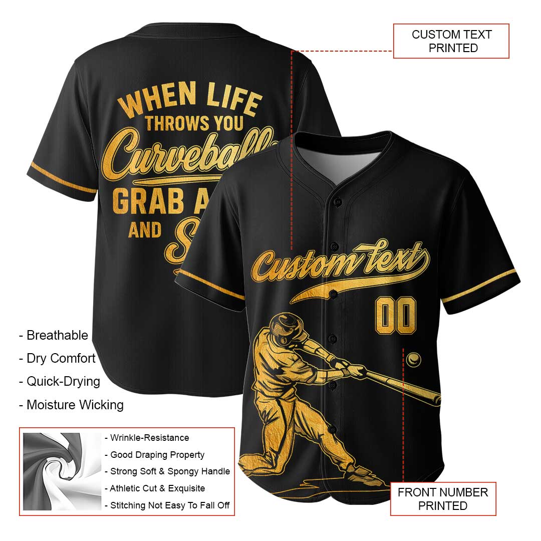 Grab A Bat And Swing - Custom Black with Golden Texture Baseball Jersey
