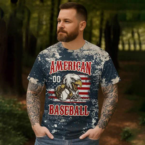 Custom American Baseball - Men's Retro Independence Day Print Short Sleeve T-shirt - All Over Print - Baseball Shirts