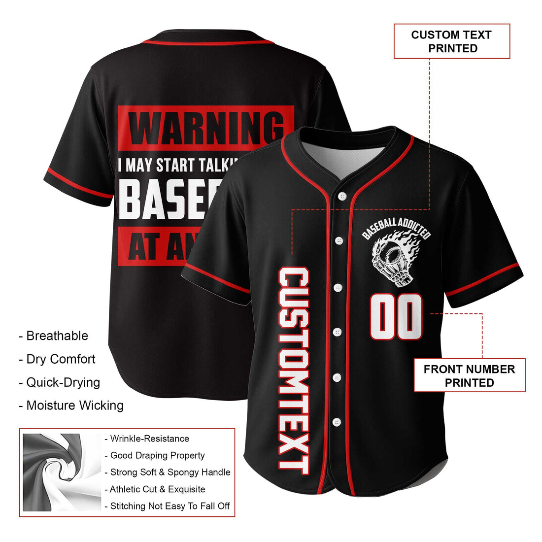 Warning: Nonstop Yapping About Baseball - Custom Black and Red Baseball Jersey