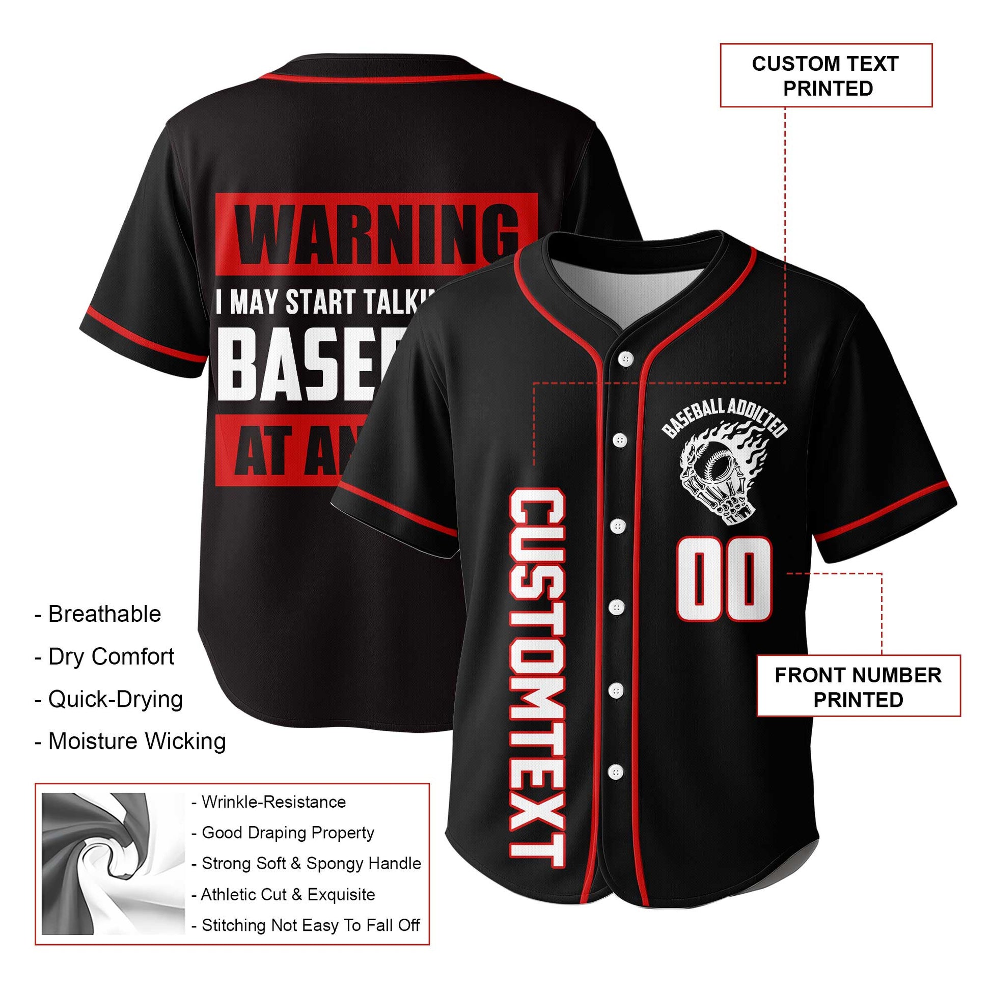 Warning: Nonstop Yapping About Baseball - Custom Black and Red Baseball Jersey