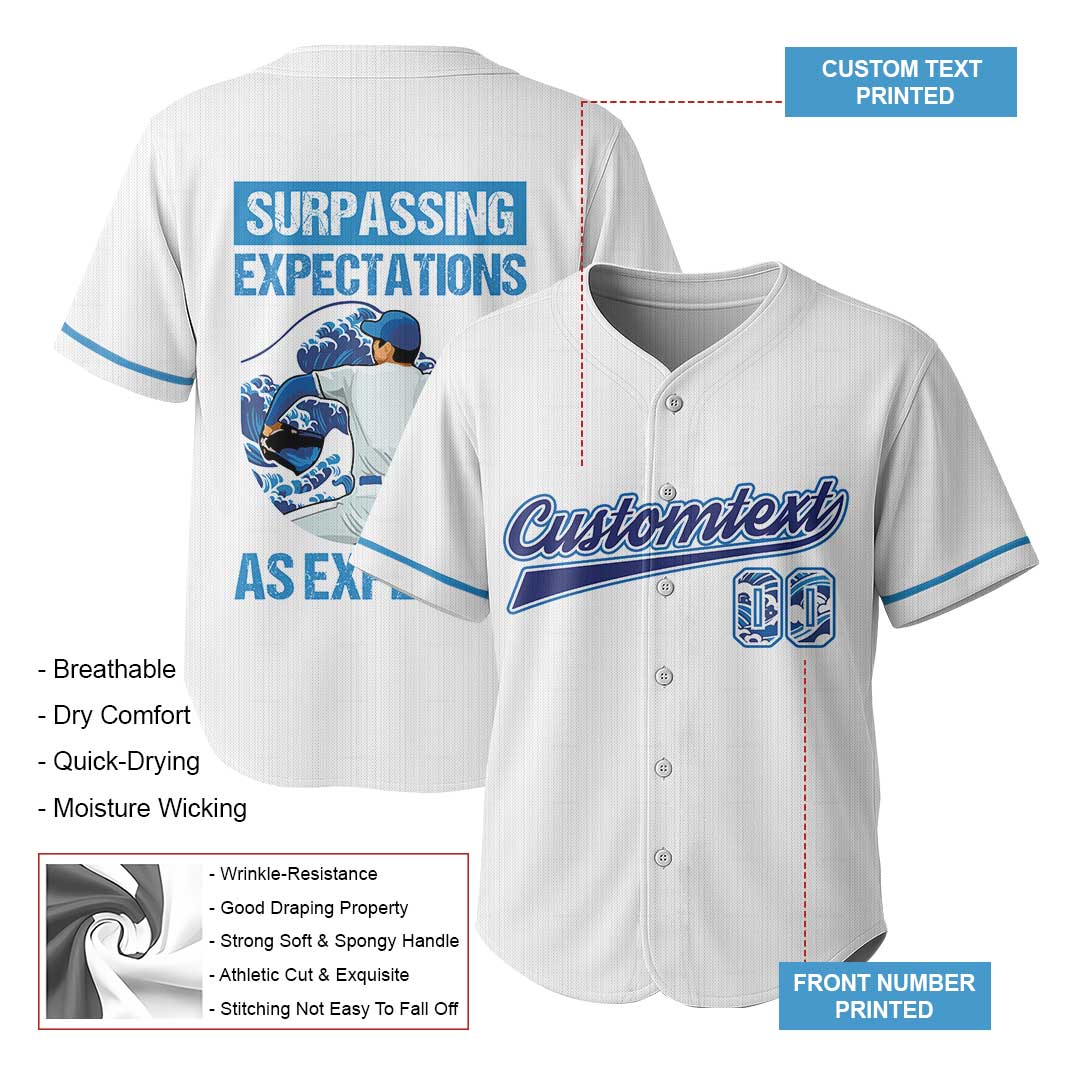 Surpassing Expectations As Expected - Custom White and Blue Baseball Jersey