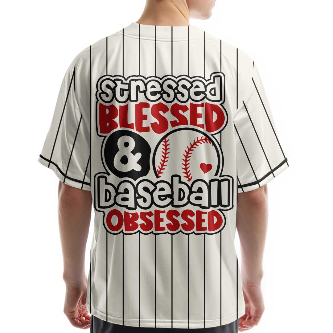 Stressed Blessed Baseball Obsessed - Custom Cream with Black Stripes Baseball Jersey