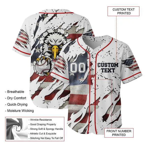 Custom Baseball Jersey Shirt, 3D Printed Eagle - 4th of July Independence Day Jersey Personalized Baseball Jerseys