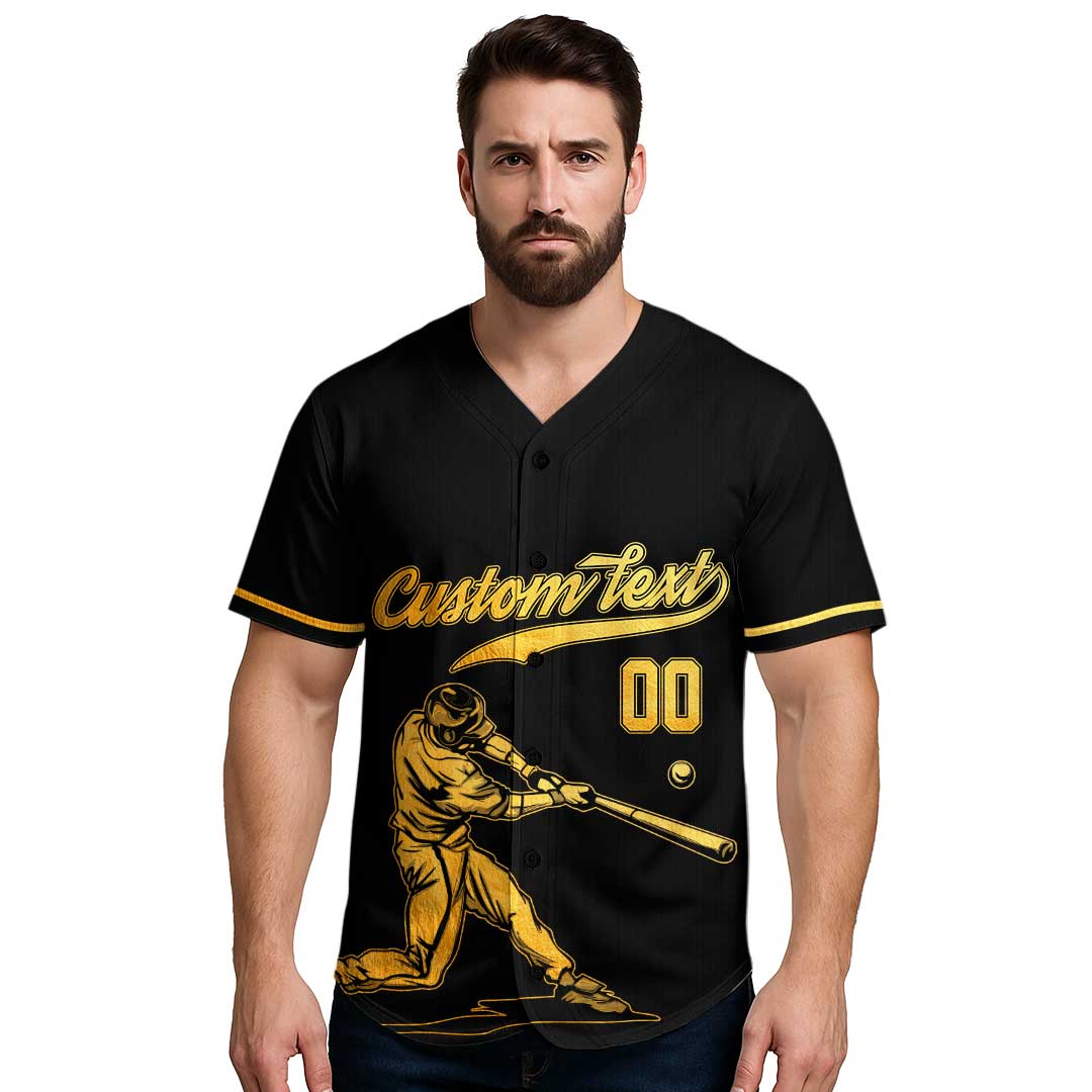 Grab A Bat And Swing - Custom Black with Golden Texture Baseball Jersey