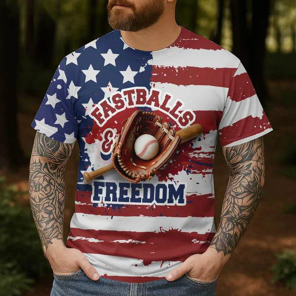 Fastballs & Freedom Baseball Shirts - American Flag -4th of July Shirt - All Over Print