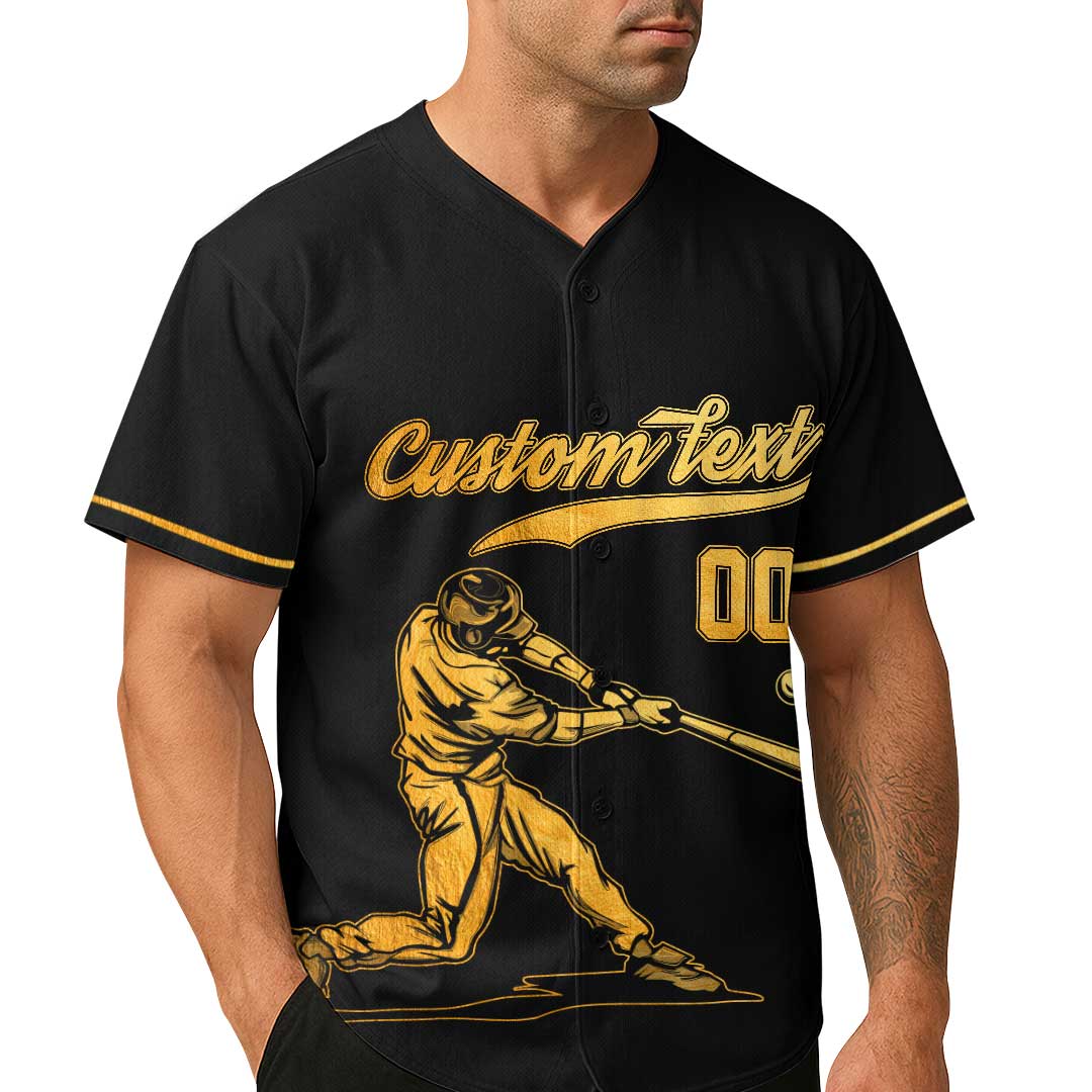 Grab A Bat And Swing - Custom Black with Golden Texture Baseball Jersey