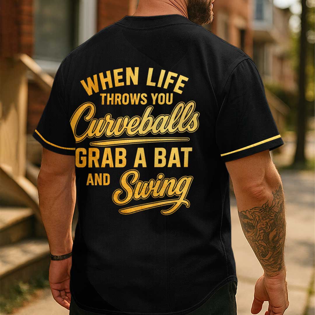 Grab A Bat And Swing - Custom Black with Golden Texture Baseball Jersey