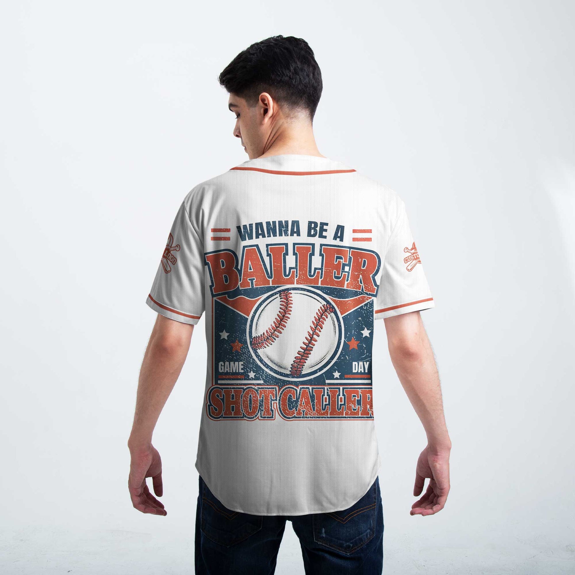 Wanna Be A Baller Shot Caller - Custom Cream Navy White Baseball Jersey