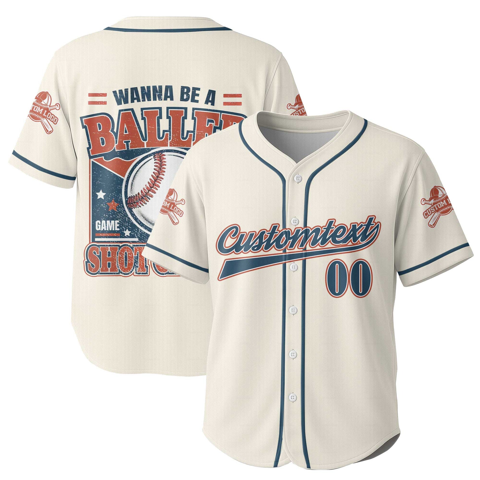 Wanna Be A Baller Shot Caller - Custom Cream Navy White Baseball Jersey